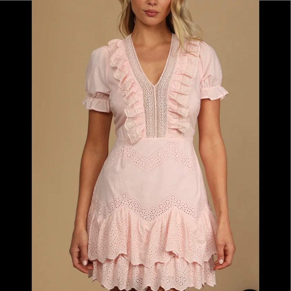 Lulus Simply a Sweetheart Light Pink Ruffled Eyelet Lace Mini Dress size S